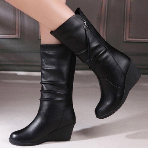Comfortable Tall barrel Side Zipper Non Slip Wedge Boots - Black |image
