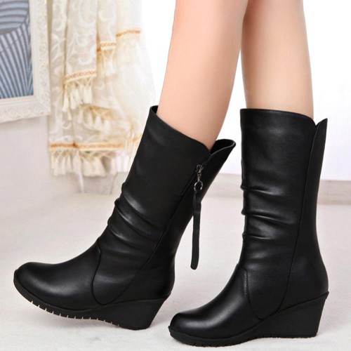 Comfortable Tall barrel Side Zipper Non Slip Wedge Boots - Black |image