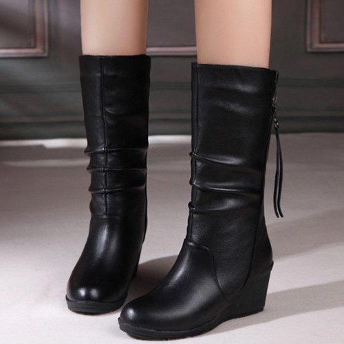 Comfortable Tall barrel Side Zipper Non Slip Wedge Boots - Black |image