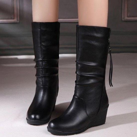 Comfortable Tall barrel Side Zipper Non Slip Wedge Boots - Black |image
