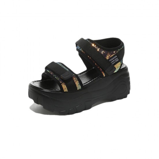 Platform Peep Toe Velcro Closure Strappy Sequin Wedge Sandals - Black |image