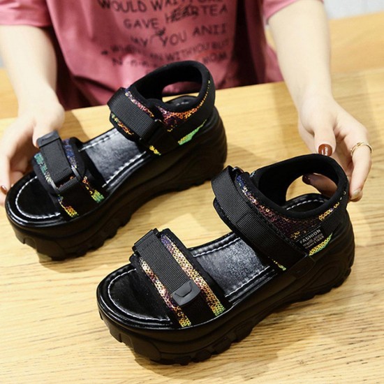 Platform Peep Toe Velcro Closure Strappy Sequin Wedge Sandals - Black |image