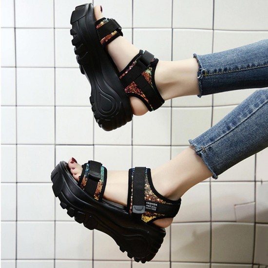 Platform Peep Toe Velcro Closure Strappy Sequin Wedge Sandals - Black |image