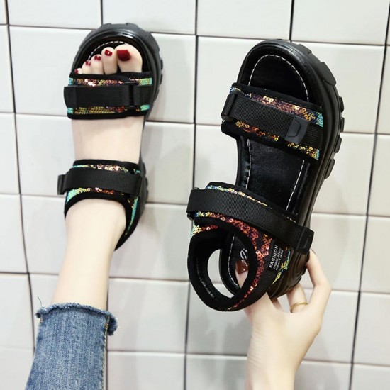 Platform Peep Toe Velcro Closure Strappy Sequin Wedge Sandals - Black |image