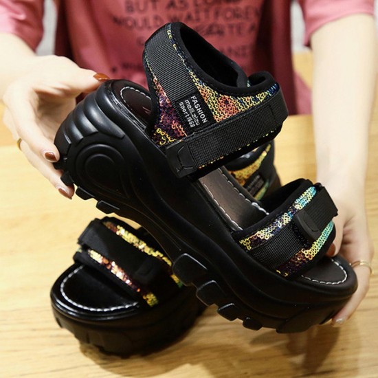 Platform Peep Toe Velcro Closure Strappy Sequin Wedge Sandals - Black |image