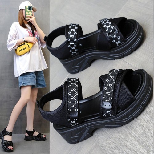 Cross Border Open Toe Velcro Closure Strappy Wedge Sandals - Black |image