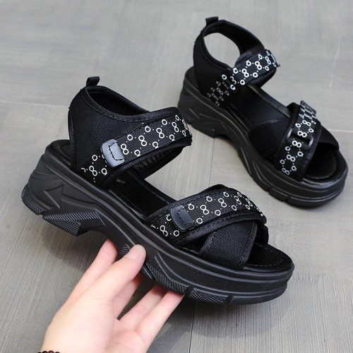 Cross Border Open Toe Velcro Closure Strappy Wedge Sandals - Black |image