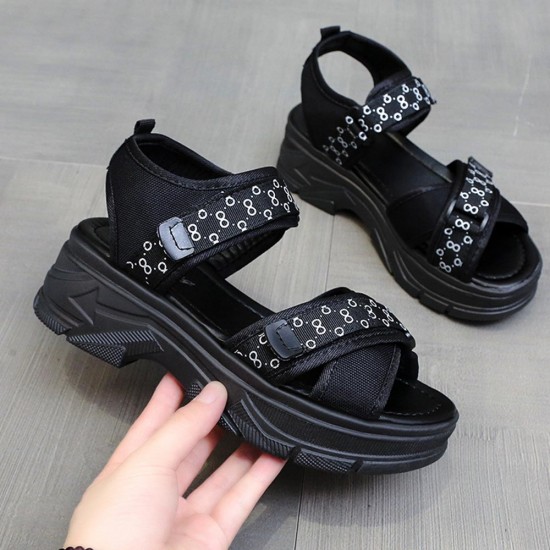 Showing image for Cross Border Open Toe Velcro Closure Strappy Wedge Sandals - Black Cross Border Open Toe Velcro Closure Strappy Wedge Sandals - Black |image