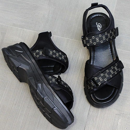 Cross Border Open Toe Velcro Closure Strappy Wedge Sandals - Black |image