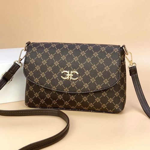 Elegant Zipper Pocket Flap Floral Pattern Shoulder Bag - Brown |image