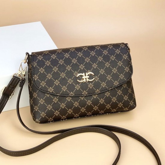 Elegant Zipper Pocket Flap Floral Pattern Shoulder Bag - Brown |image