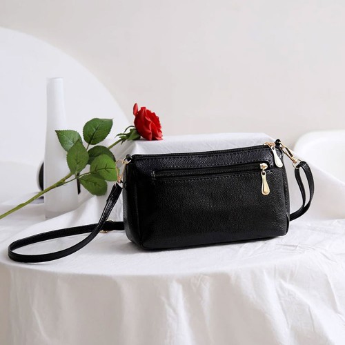 Glossy Plain Zippers Pockets Adjustable Stripe Shoulder Bag - Black |image