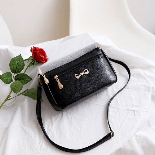 Glossy Plain Zippers Pockets Adjustable Stripe Shoulder Bag - Black |image