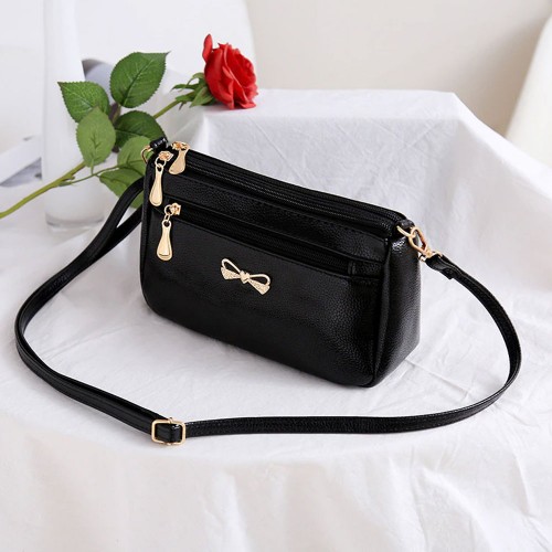 Glossy Plain Zippers Pockets Adjustable Stripe Shoulder Bag - Black |image