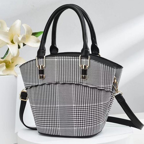Portable Bucket Plaid Removable Stripe Tote Handbag - Black |image