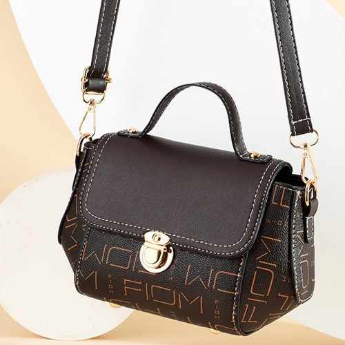 Lock Closure Round Shape Letter Printed Shoulder Bag - Dark Brown |image