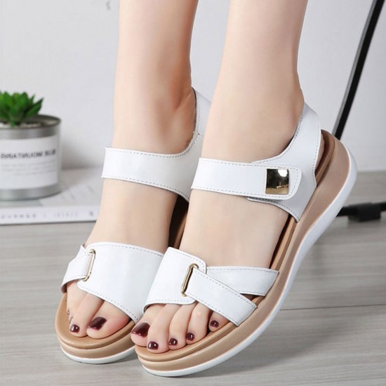 Velcro Closure Open Toe Bottom Flat Women Sandals - White |image