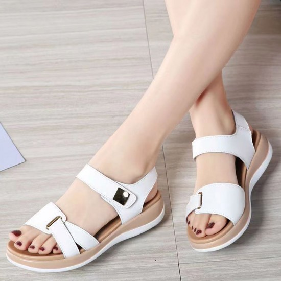 Velcro Closure Open Toe Bottom Flat Women Sandals - White |image