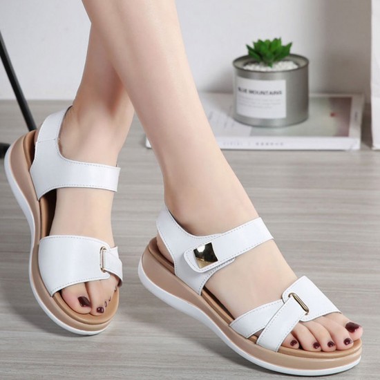 Velcro Closure Open Toe Bottom Flat Women Sandals - White |image