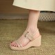Thick Soled Strapped Square Toe Women Wedge Sandals Beige