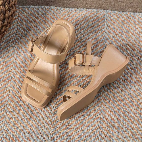 Thick Soled Strapped Square Toe Women Wedge Sandals Beige |image