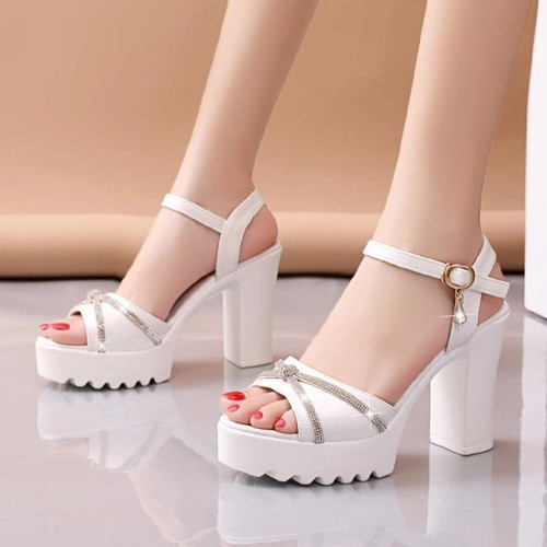 Fish Mouth Platform Buckle Strap Bohemian Women Heels - White |image