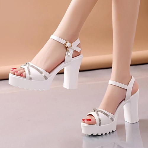 Fish Mouth Platform Buckle Strap Bohemian Women Heels - White |image