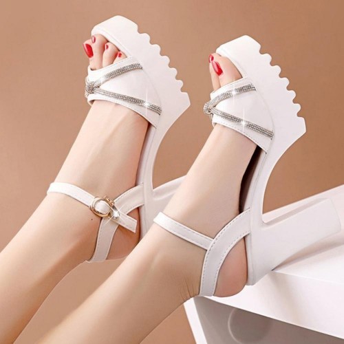 Fish Mouth Platform Buckle Strap Bohemian Women Heels - White |image
