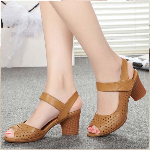 Velcro Hollow Out Fish Mouth Mid Heels Women Sandals Brown |image