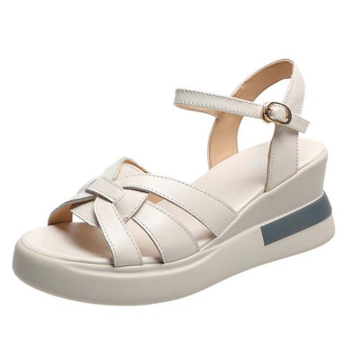Multi Strapped Buckle Closure Ankle Wedge Women Sandals Cream |image