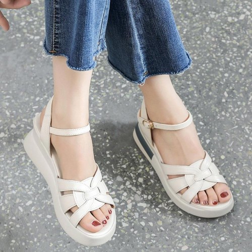 Multi Strapped Buckle Closure Ankle Wedge Women Sandals Cream |image