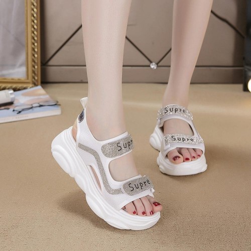 Rhinestone Round Head Velcro Muffin Wedge Sandals - White |image