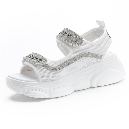 Rhinestone Round Head Velcro Muffin Wedge Sandals - White |image