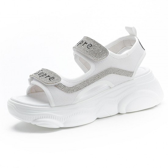 Rhinestone Round Head Velcro Muffin Wedge Sandals - White |image