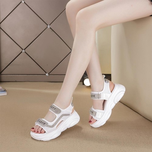 Rhinestone Round Head Velcro Muffin Wedge Sandals - White |image