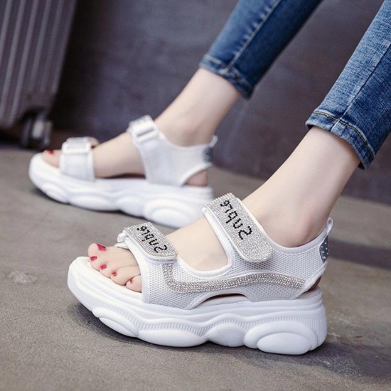 Rhinestone Round Head Velcro Muffin Wedge Sandals - White |image