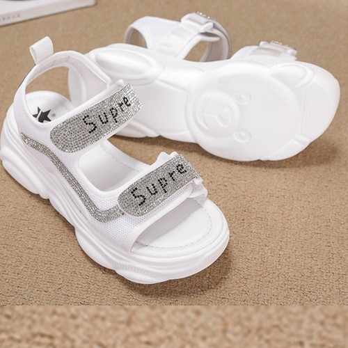 Rhinestone Round Head Velcro Muffin Wedge Sandals - White |image