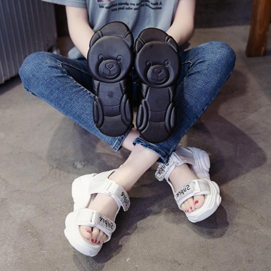 Rhinestone Round Head Velcro Muffin Wedge Sandals - White |image