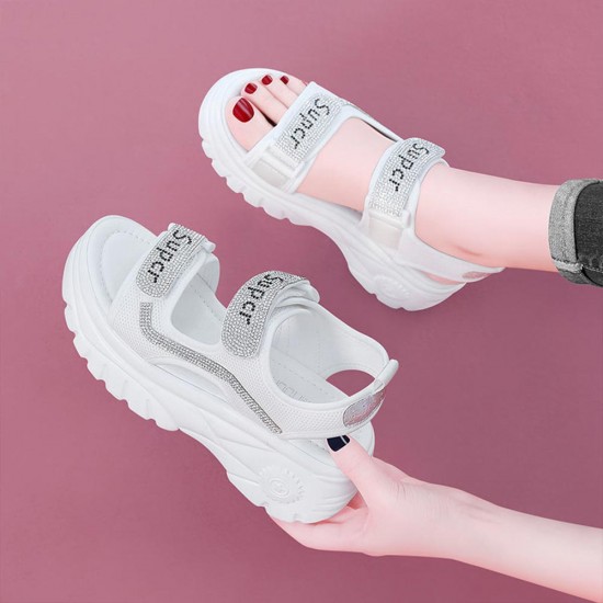 Rhinestone Round Head Velcro Muffin Wedge Sandals - White |image