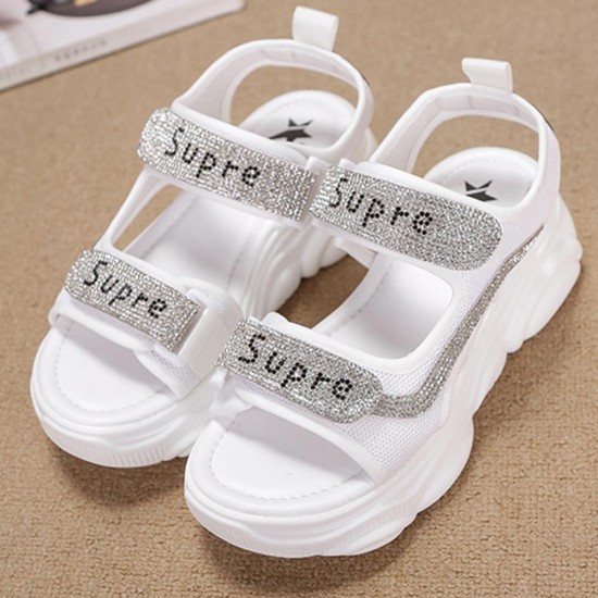 Rhinestone Round Head Velcro Muffin Wedge Sandals - White |image