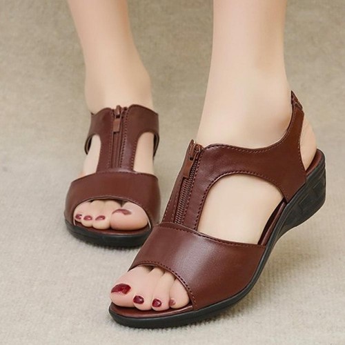 Zipper Open Toe Thick Soled Hollow Wedge Sandals Brown |image