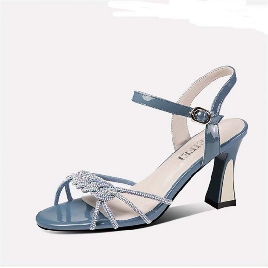 Braided Thin Strap Rhinestone Women High Heels Blue |image
