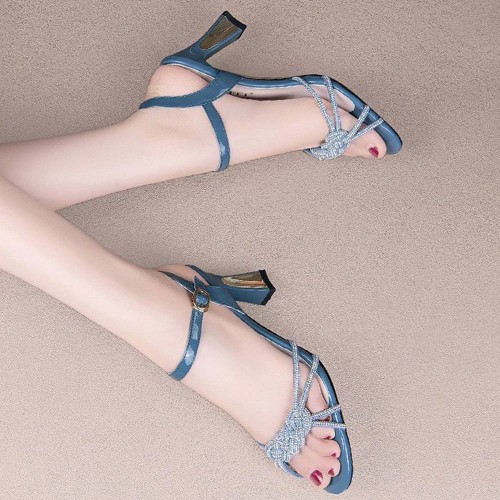 Braided Thin Strap Rhinestone Women High Heels Blue |image