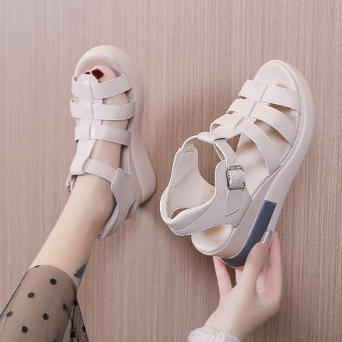 Buckle Closure Fish Mouth Strappy Hollow Wedge Sandals - Cream |image
