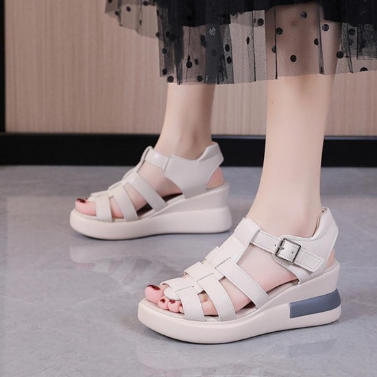 Buckle Closure Fish Mouth Strappy Hollow Wedge Sandals - Cream |image