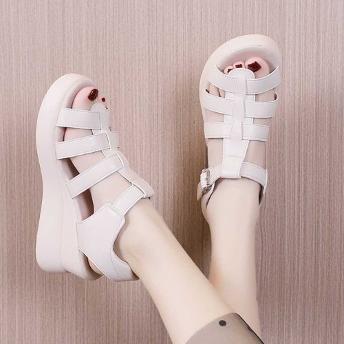 Buckle Closure Fish Mouth Strappy Hollow Wedge Sandals - Cream |image