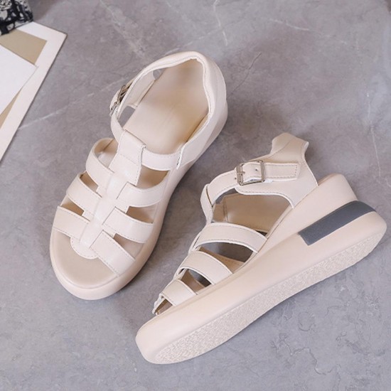 Buckle Closure Fish Mouth Strappy Hollow Wedge Sandals - Cream |image