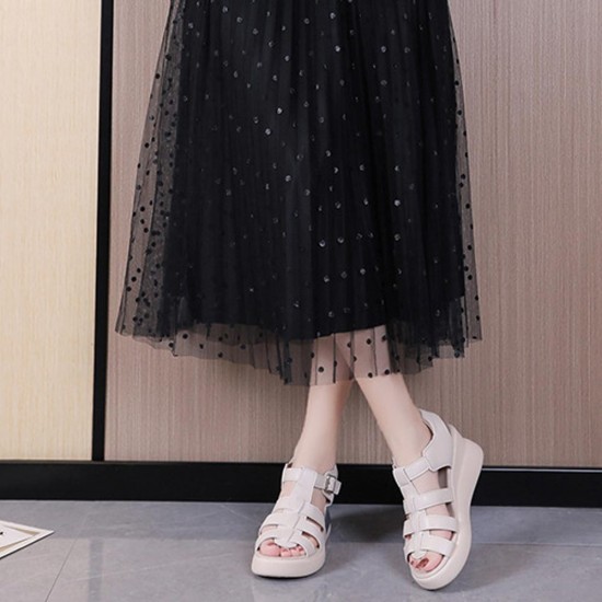 Buckle Closure Fish Mouth Strappy Hollow Wedge Sandals - Cream |image