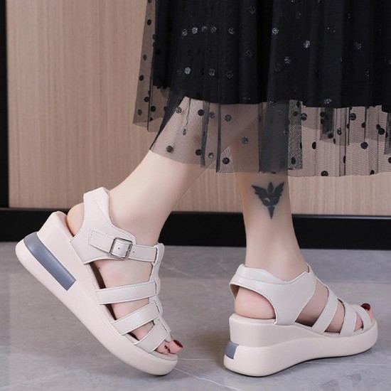 Buckle Closure Fish Mouth Strappy Hollow Wedge Sandals - Cream |image