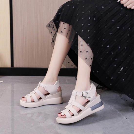 Buckle Closure Fish Mouth Strappy Hollow Wedge Sandals - Cream |image